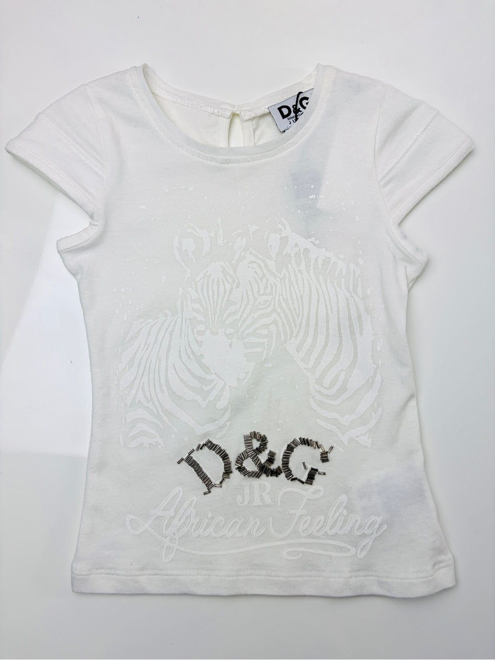 D&G Junior White Stretch Cotton Zebra Cap Sleeve Girls Top w/ Beaded Logo, Sz 2